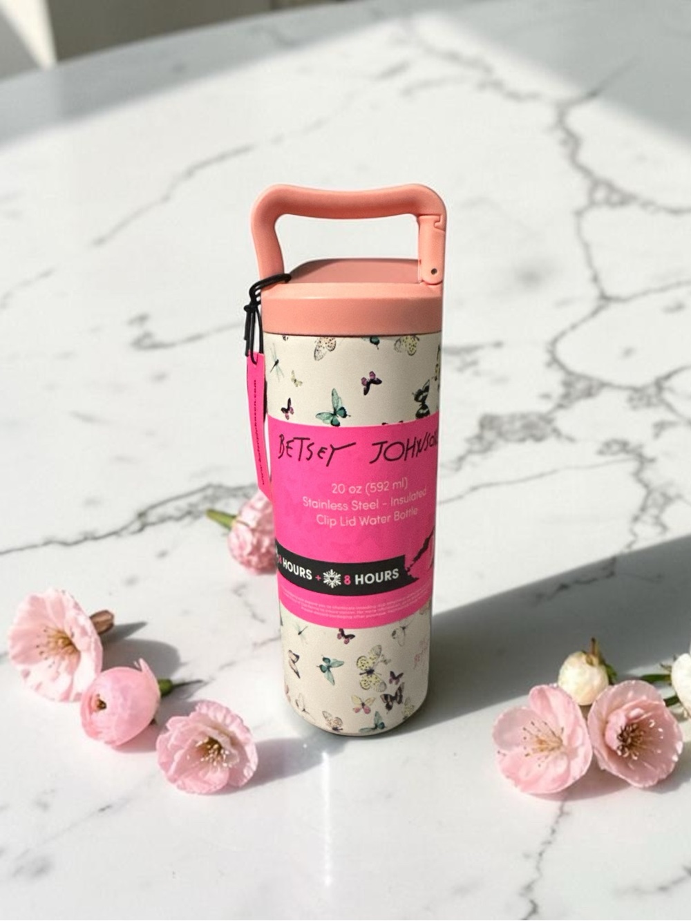 Betsey Johnson Pink Butterfly Stainless Steel Water Bottle 20 oz NWT